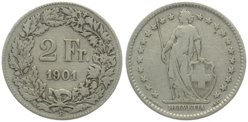 2 Franken 1901 B - seltener Jahrgang